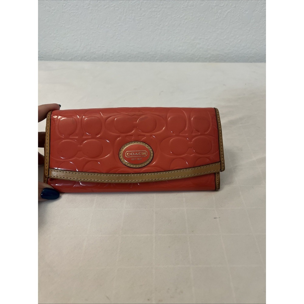 Coach Embossed Patent Leather Wallet Button Closure 8" X 4"‎ Salmon Pink Logo